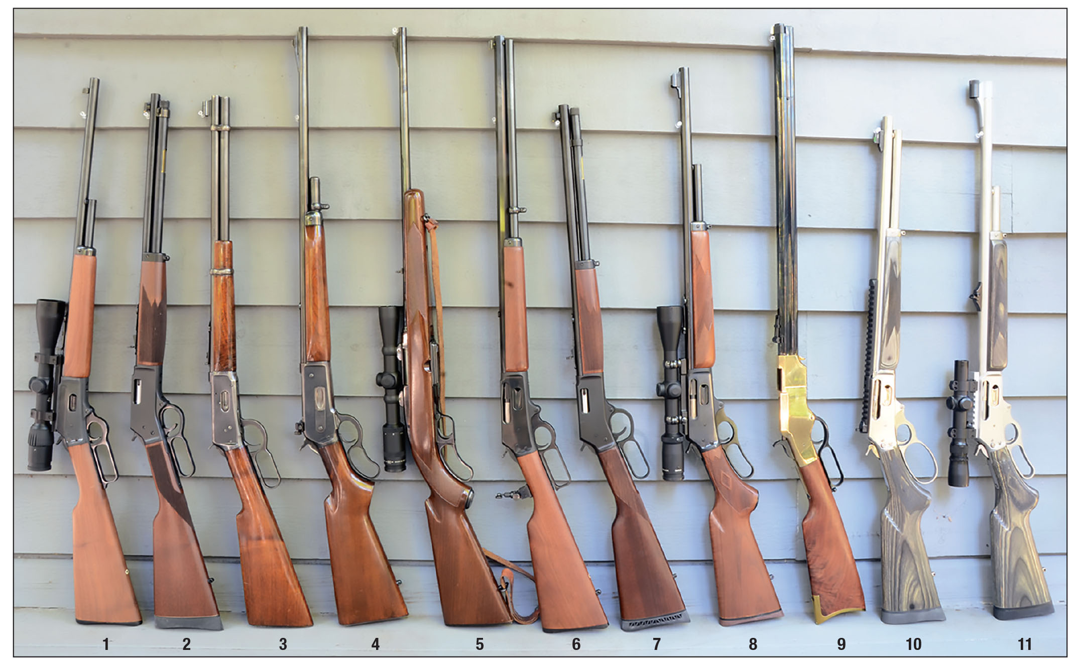 A few of the rifles Layne has shot through the years with handloaded Rim Rock bullets: (1) Marlin 1894 CL, 218 Bee, (2) Henry Big Boy, 327 Federal Magnum,  (3) Winchester 94, 32 Winchester Special, (4) Winchester 71, 348 Winchester, (5) Winchester 88, 358 Winchester, (6) Marlin 336 CB, 38-55 Winchester,  (7) Henry Big Boy, 41 Magnum, (8) Marlin 444SS, 444 Marlin, (9) Henry 1860, 44-40 Winchester, (10) Ruger-Marlin 1895 SBL, 45-70 and (11) SSK Industries Marlin 1895, 50 B&M Alaskan.